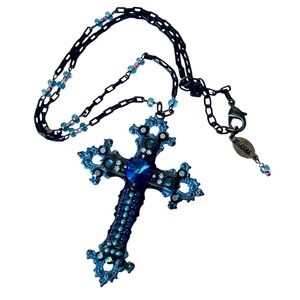 Belladonna Cross Necklace VTG Signed Collar Blue Crystal Rhinestone Enamel Rare